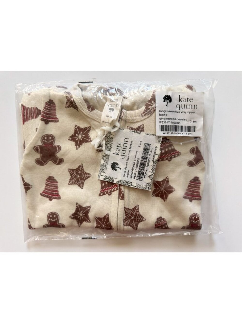 Kate Quinn Organics Baby two way zipper footie in Gingerbread cookies 3-6 months